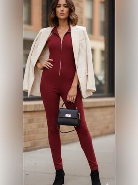 NWT SHOP WTD Zip Up cherry red collared sleeveless Stretch Sexy Jumpsuit 4/6